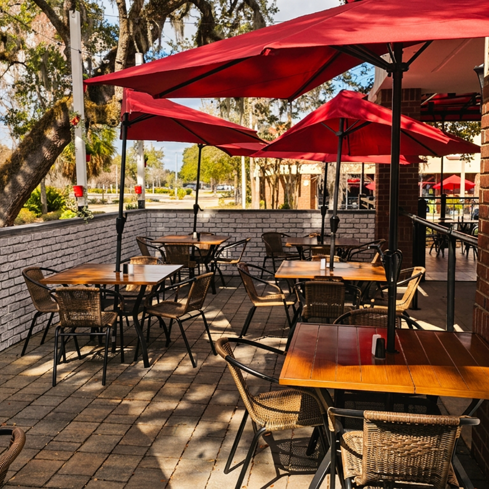 Outdoor restaurant patio with wooden tables, wicker chairs, red umbrellas, and brick walls under trees.