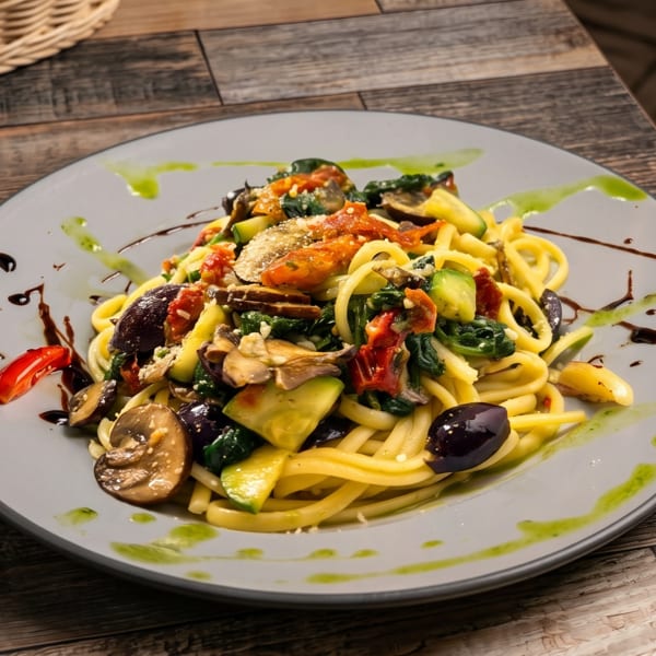 Pasta dish with zucchini, mushrooms, sun-dried tomatoes, spinach, and olives on a gray plate.
