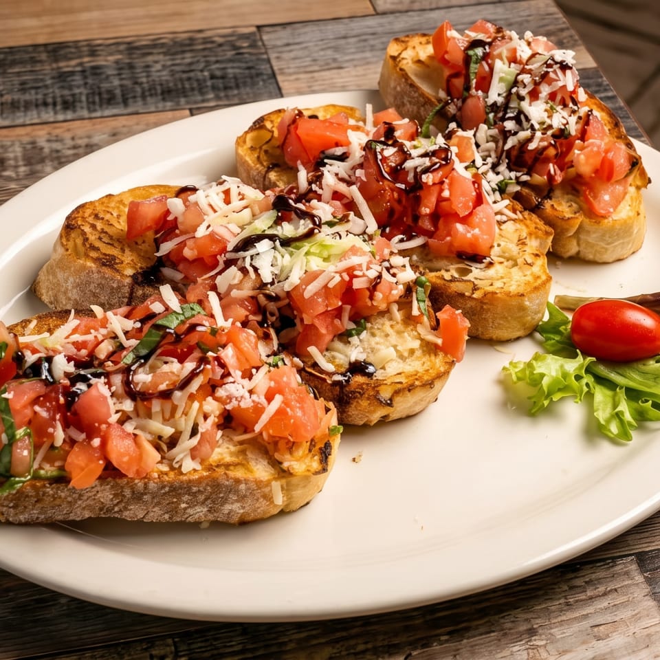 Three bruschetta pieces topped with diced tomatoes, shredded cheese, basil, and balsamic glaze on a white plate.