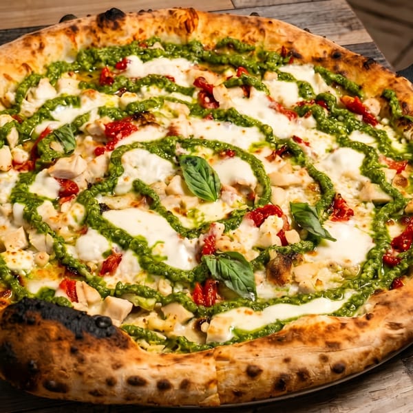 Neapolitan pizza with pesto swirl, chicken, mozzarella, diced tomatoes, and basil on wood.