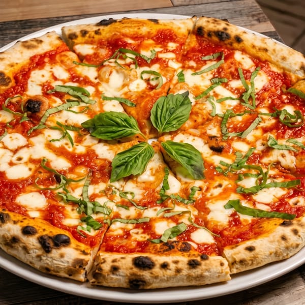 Neapolitan Margherita pizza, sliced, with melted mozzarella, red sauce, and fresh basil on a white plate.