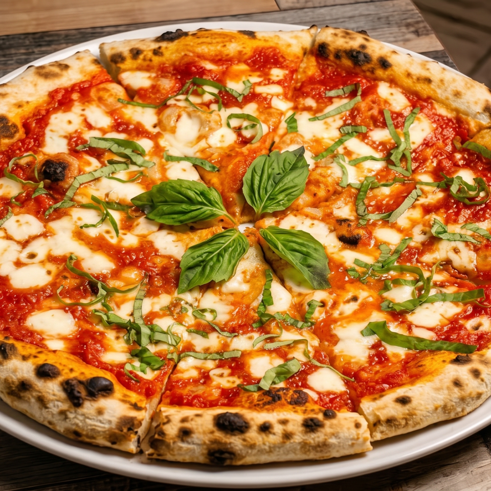 Neapolitan Margherita pizza, sliced, with melted mozzarella, red sauce, and fresh basil on a white plate.