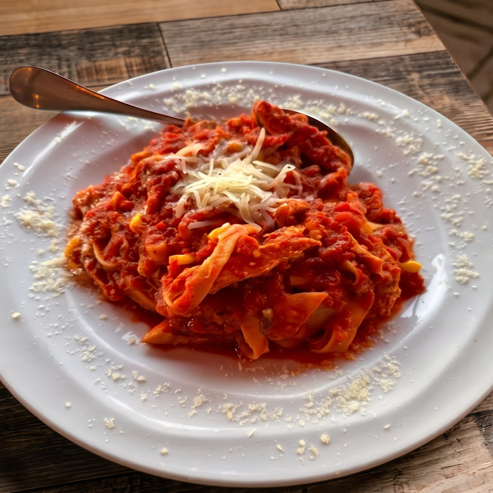 Plate of pasta with red sauce, shredded cheese, and a spoon on a wooden table.