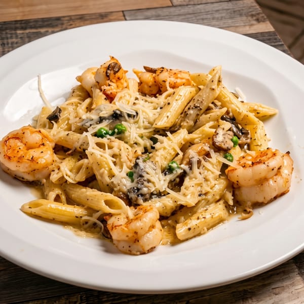 Penne pasta with grilled shrimp, mushrooms, peas, and grated cheese on a white plate.