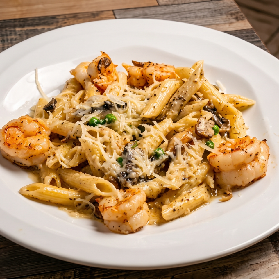 Penne pasta with grilled shrimp, mushrooms, peas, and grated cheese on a white plate.