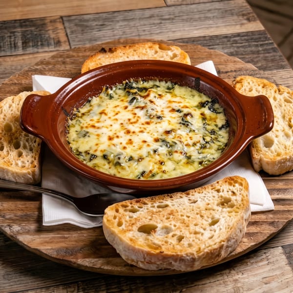 Cheesy baked dip in a brown ceramic bowl, served with toasted bread on a rustic wooden board.
