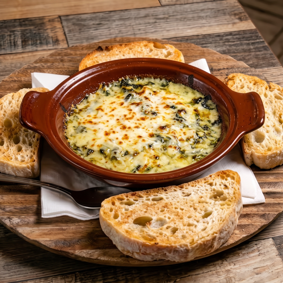 Cheesy baked dip in a brown ceramic bowl, served with toasted bread on a rustic wooden board.
