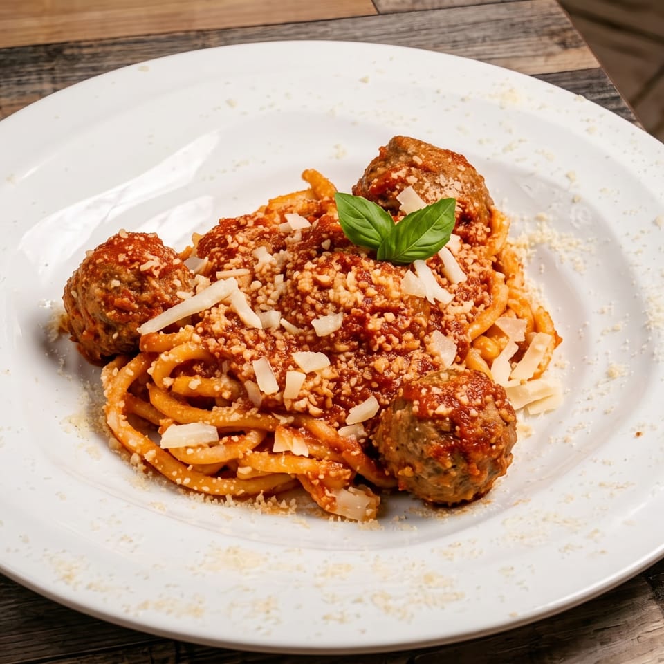 A white plate of pasta and meatballs topped with red sauce, parmesan, and basil.