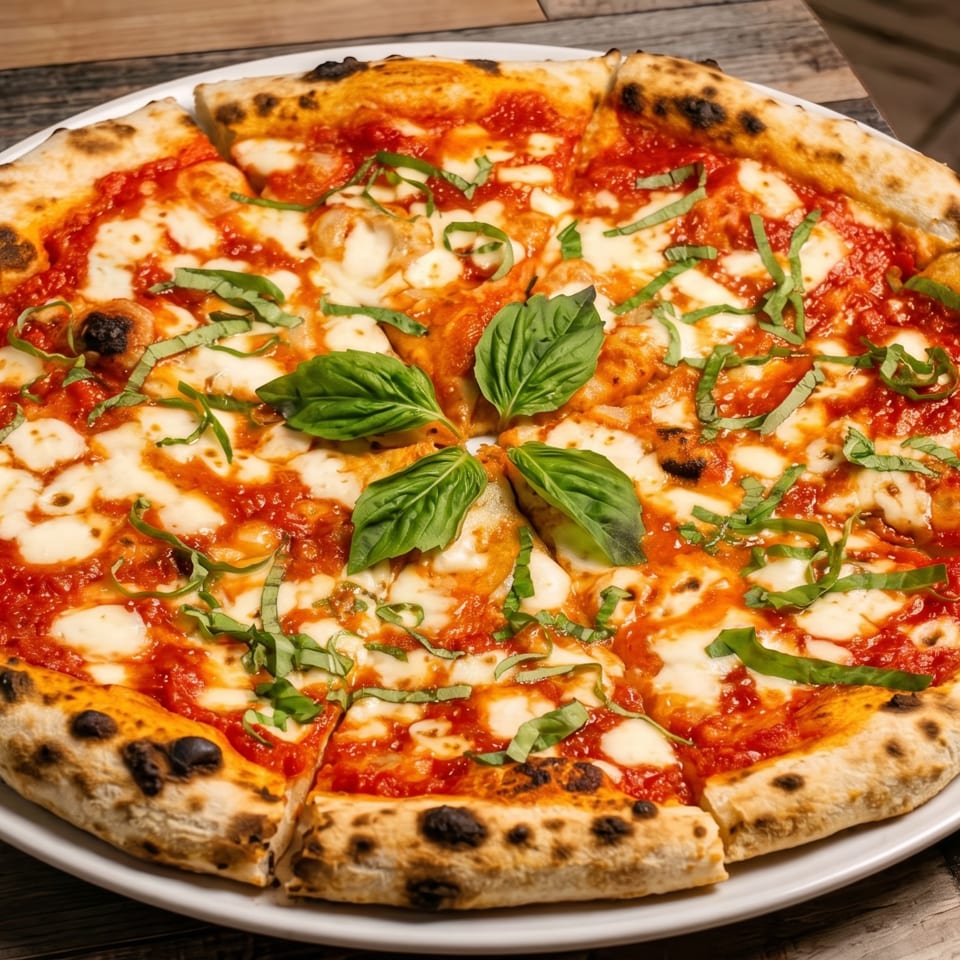 Delicious Neapolitan pizza with tomato sauce, mozzarella, and fresh basil on a white plate.