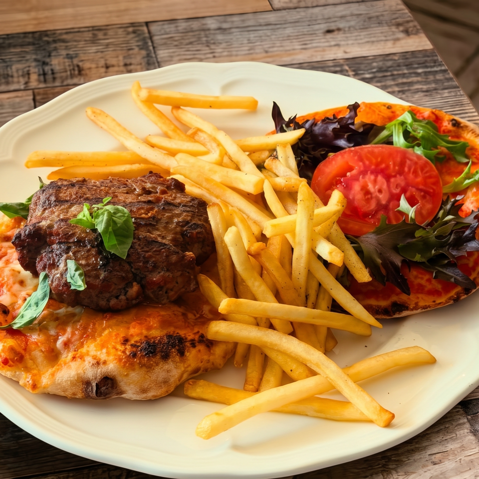 Grilled steak, golden fries, and two mini pizzas with tomato and greens on a white plate.